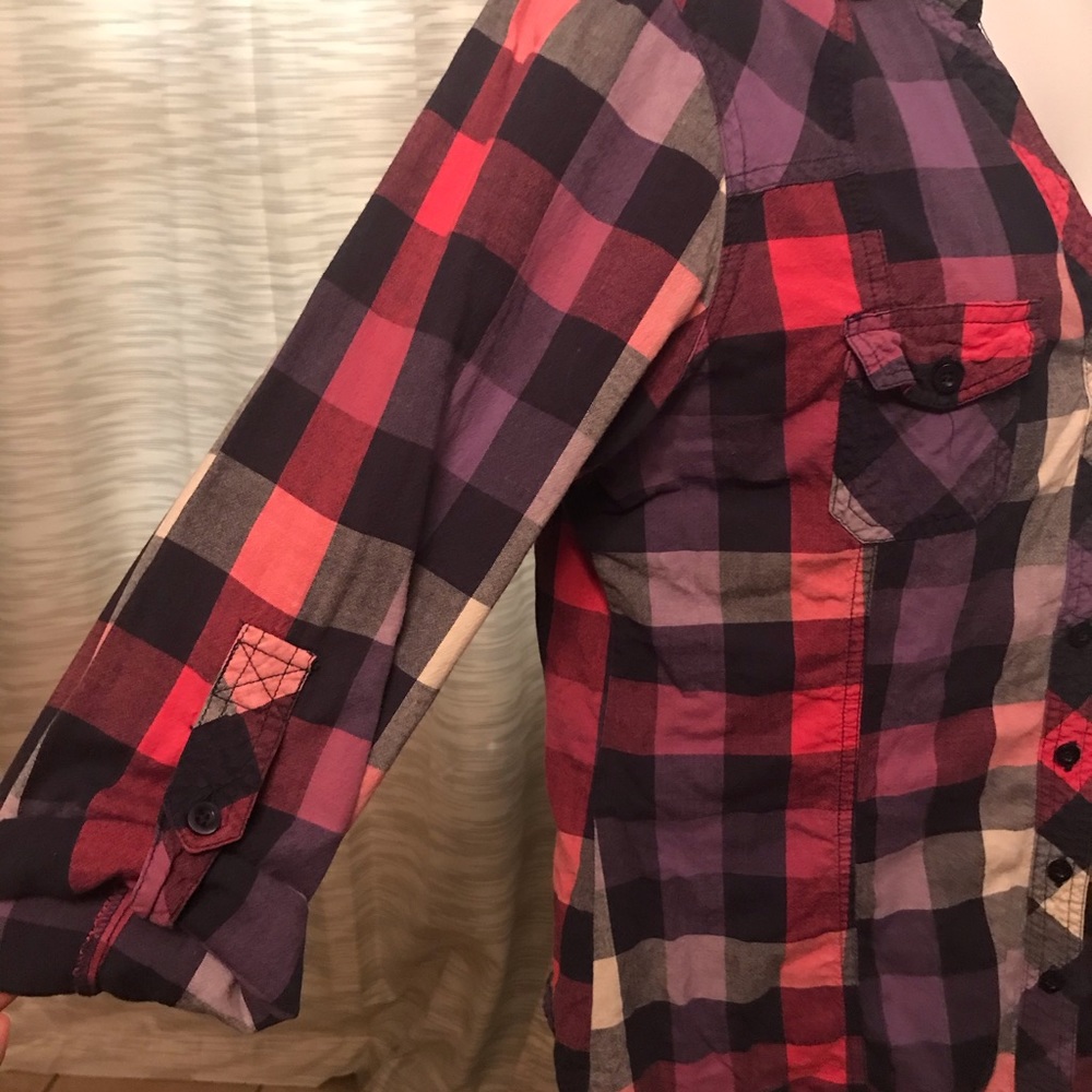 Button up shirt- pink, purple, navy, gray squares - Picture 4 of 9